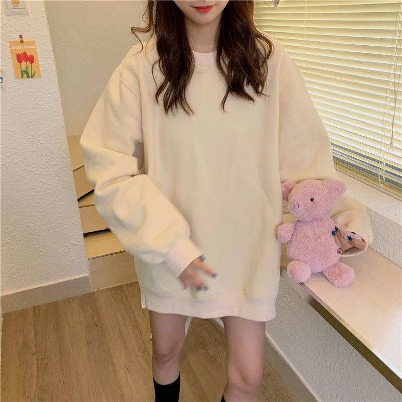 Hoodies Women Plus Velvet Warm All-match Solid Oversize Ulzzang Korean Style Womens O-Neck Students Harajuku Hoodie Streetwear T200730