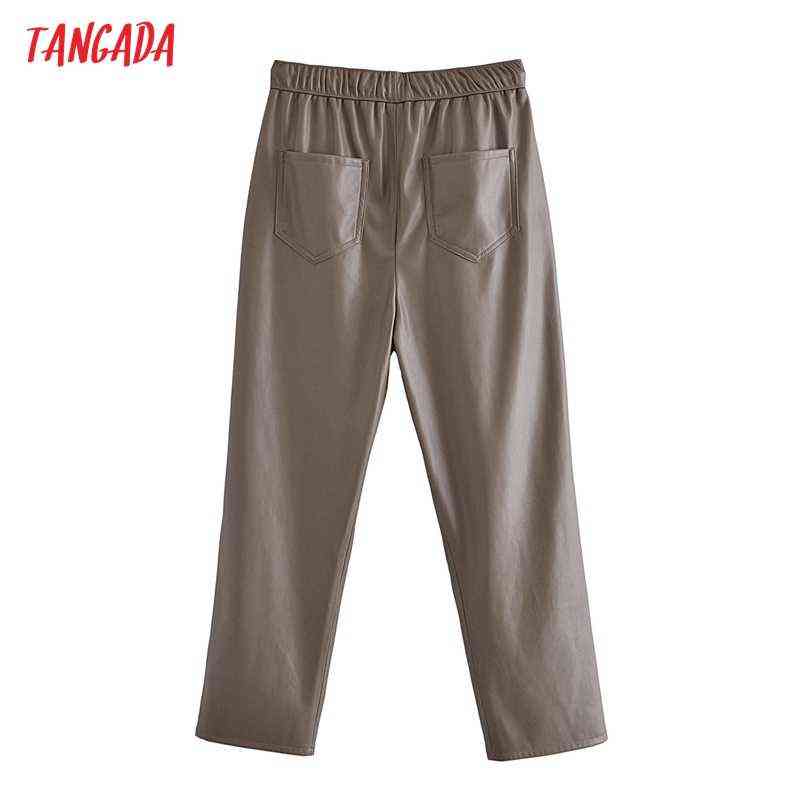Tangada Women Faux Leather Pants Cargo Strethy Waist Trousers Female Casual QN210 211115