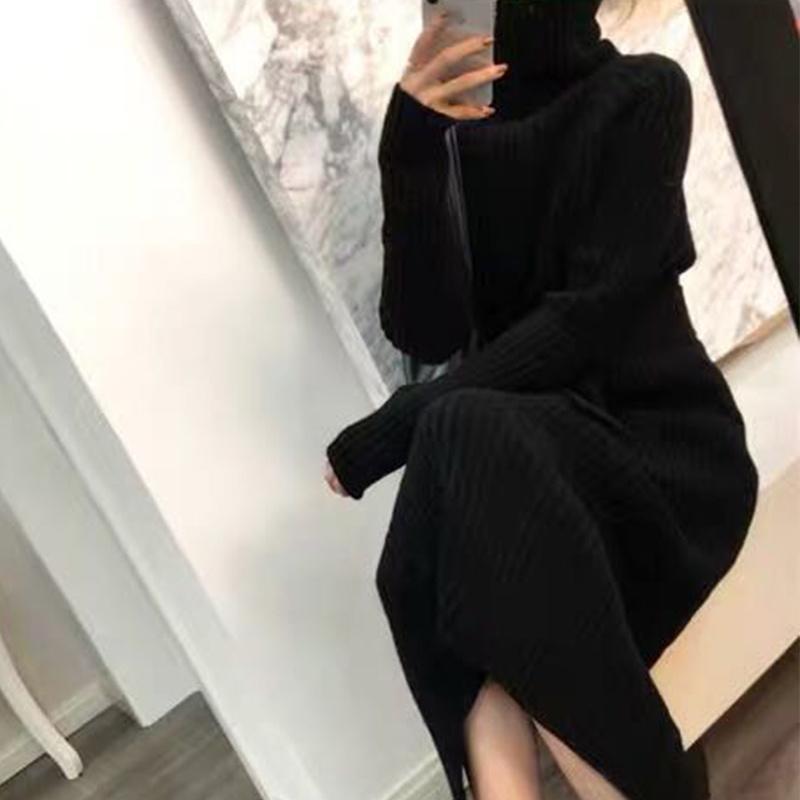 Casual Dresses Turtleneck Knitted Sweater Dress Ladies Fall Winter Elastic Cashmere Bottoming Shirt Midlength Over The Knee Thick