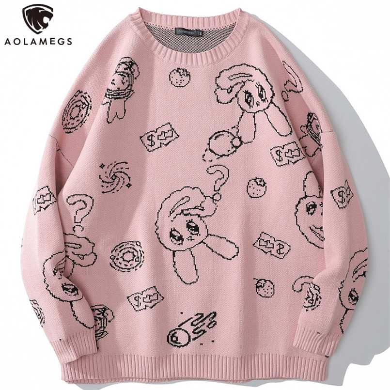 Aolamegs Men Sweater Cartoon Cute Rabbit Strawberry knitted Pullover Sweaters Couple O-Neck Casual Soft College Style Streetwear 211018, Pink