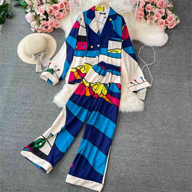 Hit color Abstract printing Two piece sets for Women Lapel Long Sleeve Shirt Blouse and Elastic waist Wide -leg Pants Suits 210602, Blue
Hit color Abstract printing Two piece sets for Women Lapel Long Sleeve Shirt Blouse and Elastic waist Wide -leg Pants Suits 210602, Blue