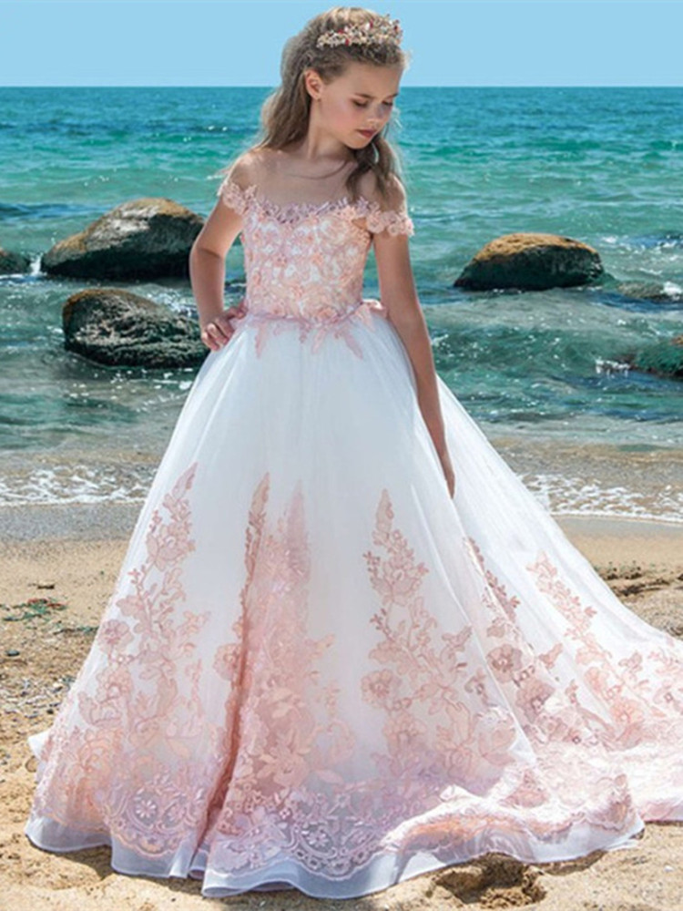 New Flower Girls Dresses High Quality Lace Appliques Beading Ball Gowns Beading Floor Length Pageant First Holy Communion Dresses