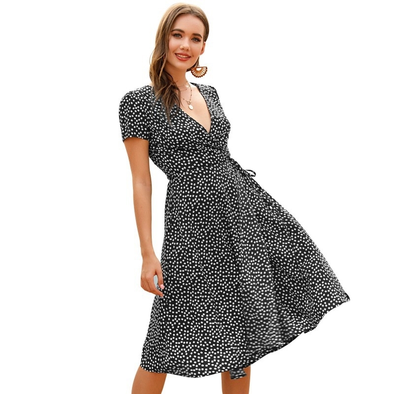 Dot Print Chiffon V-neck slim tie short sleeve dress women' A-line skirt beach style, Sapphire blue wave point
Dot Print Chiffon V-neck slim tie short sleeve dress women' A-line skirt beach style, Sapphire blue wave point