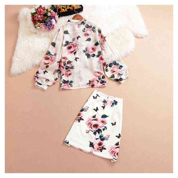 Women Summer Pink Rose Printed 2 Piece Set Sweet Bow Collar Long Sleeve Chiffon Shirt Top + Colorful Button Skirt 211106