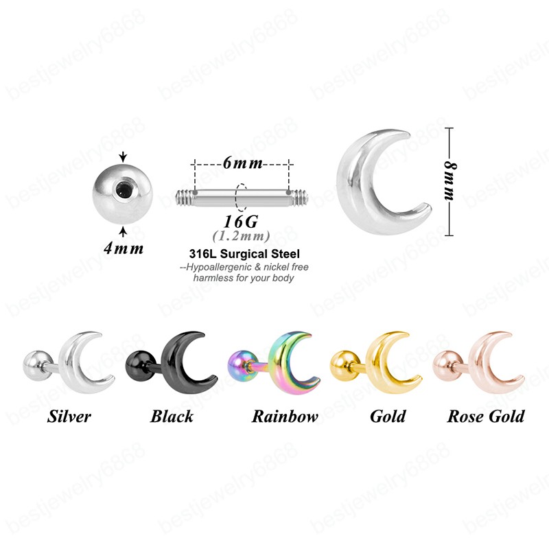 Moon Cartilage Stud Earring for Women Helix Piercing Stainless Steel Conch Ear studs Tragus Earrings Jewelry