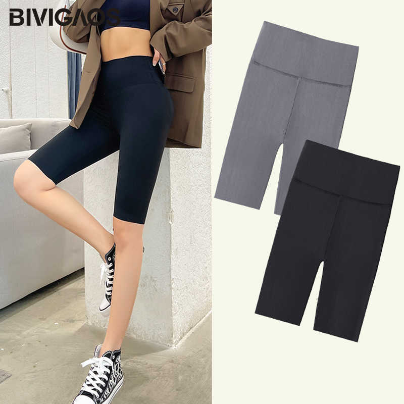 BIVIGAOS Summer Sharkskin Fabric Biker Shorts Women's Thin Black Cycling Slim Skinny Sport High Waist Fitness 210714