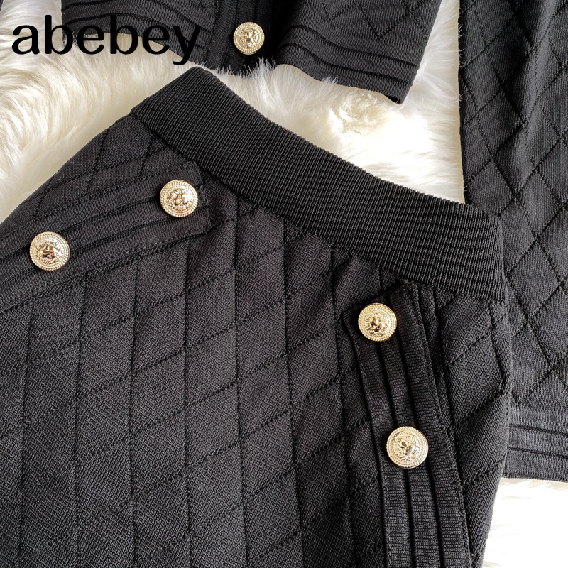 Black long sleeve buttons sweater top and skirt suits women knitted two piece set autumn fashion ladies club outfits