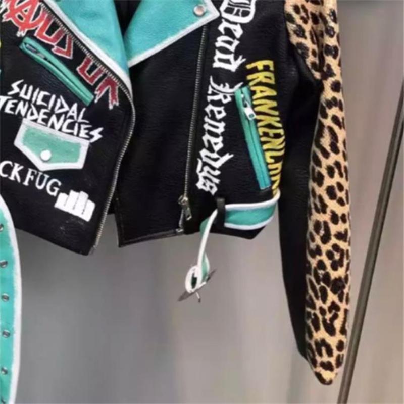 Women's Leather & Faux Spring Autumn Short Leopard Printing PU Jacket Women Letter Print Lapel Belted Coat Motorcycle Style Y1161
