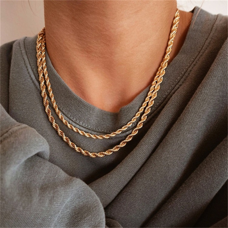 Women Rope Chains Necklace Bracelets Anklets 3mm 4mm 14K Gold Silver Plated Choker Necklaces Twisted Hip Hop Jewelry Gifts Fashion Stainless Steel Cha