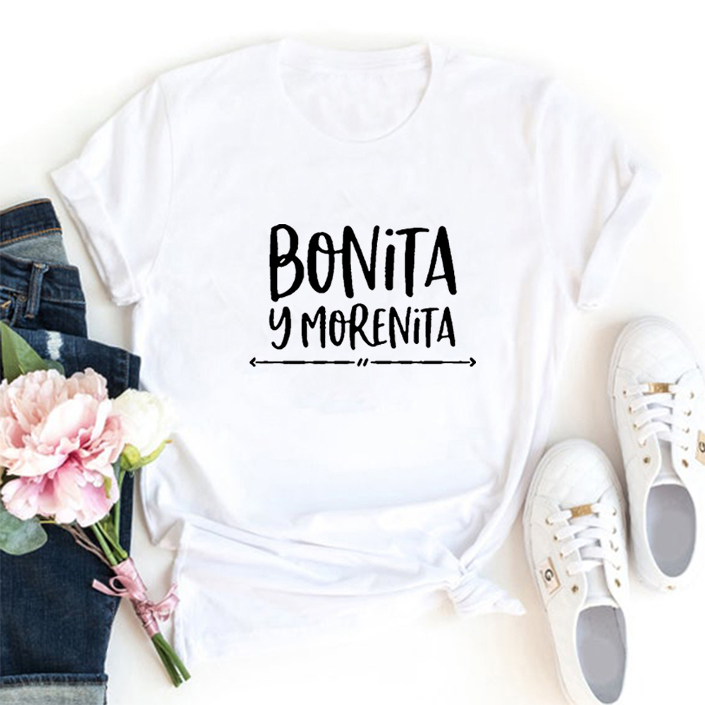 Bonita Y Morenita Summer Funny T shirt Women T-shirt Short Sleeve Tshirt Women Top Cotton Tee Shirt Femme Black Camiseta Mujer 210306