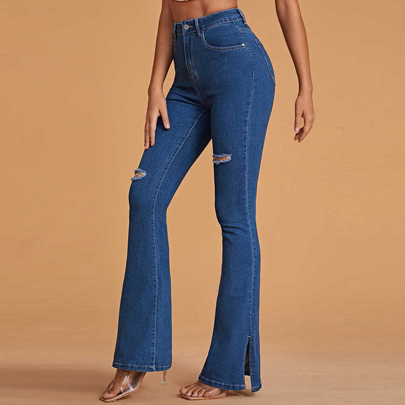 DenimColab High Waist Elastic Micro Flared Pants Jeans Women Split Hole Skinny Pencil Casual Stretch Office Lady 210922