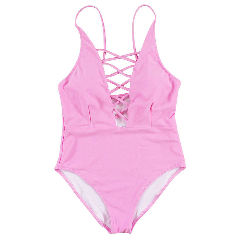 Women Sexy Crisscross Plunge Swimwear Backless Monokini Swimsuit Bandage Bathing Suits Beachwear Swim Wear 210611