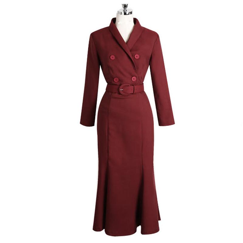 Casual Dresses Office Ladies V-neck Double Breasted Blazer Trumpet Dress Belted Women Business Slim Mermaid