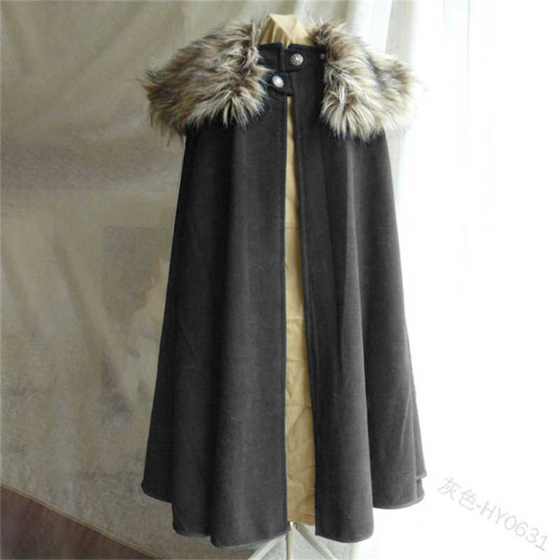 Men's Medieval Costume Cloak Winter Fur Collar Larp Viking Cosplay Cape coat High Quality Gothic Women Halloween Y0913