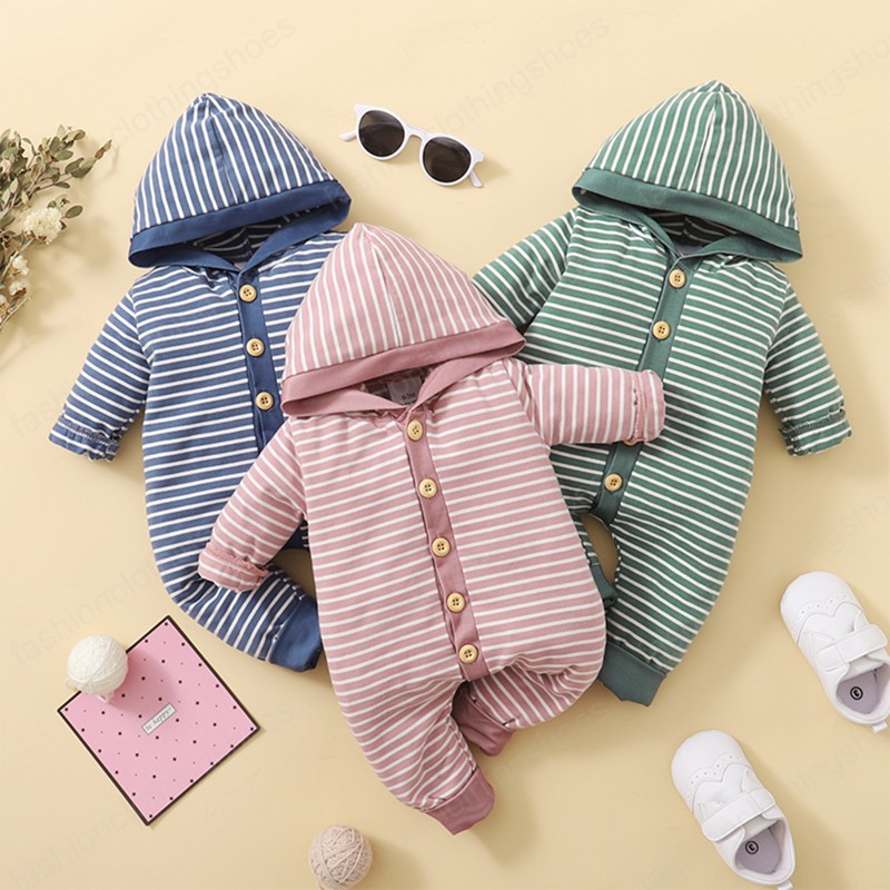 Baby Strip Hooded Bodysuit Stripe Long Sleeve Rompers Buttoned Collar Jumpsuit without Pocket Kids Clothing