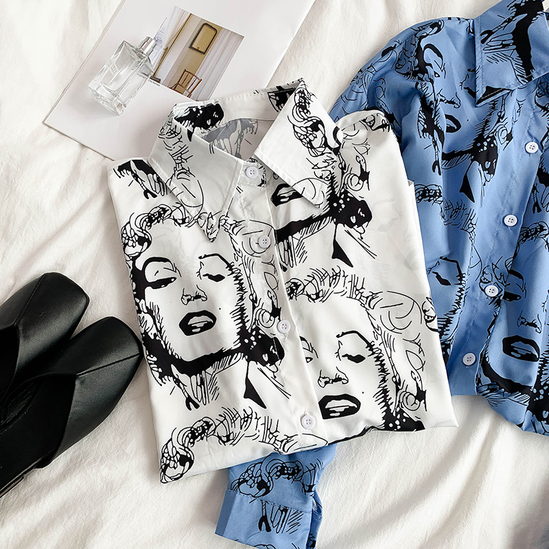 Womens Character Shirts Cartoon Print Long-sleeved European Chic Blouse Student Casual Woman Shirts Female Tops LS056 210225