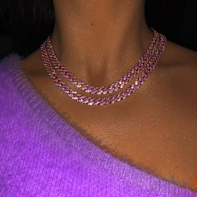2021 new 9MM iced out bling cz Miami cuban link chain Two tone pink blue cz choker necklace silver color women fashion jewelry