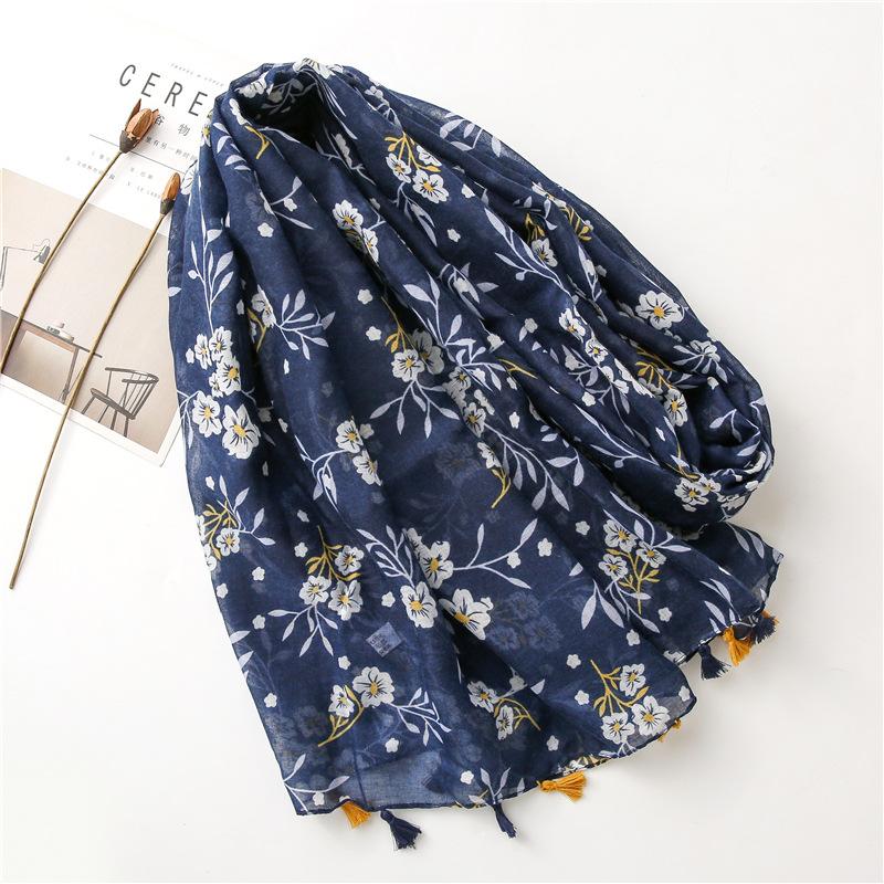 Scarves 2021 Floral Viscose Shawl Scarf Women Autumn Navy Blue Abstract High Quality Print Wrap Pashmina Snood Bufandas Muslim Hijab