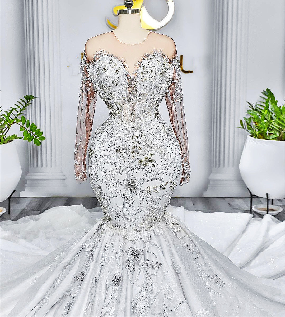 2022 Plus Size Arabic Aso Ebi Luxurious Mermaid Sexy Wedding Dress Beaded Crystals Sparkly Bridal Gowns Dresses ZJ214