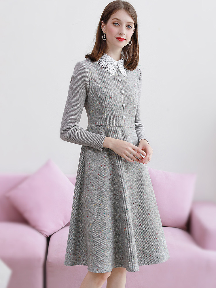 Only Plus Winter Woolen Vintage Grey Dress ALine Elegant Slim Lace Up Button Dresses Warm Office Lady Knee Female Vestidos 210303