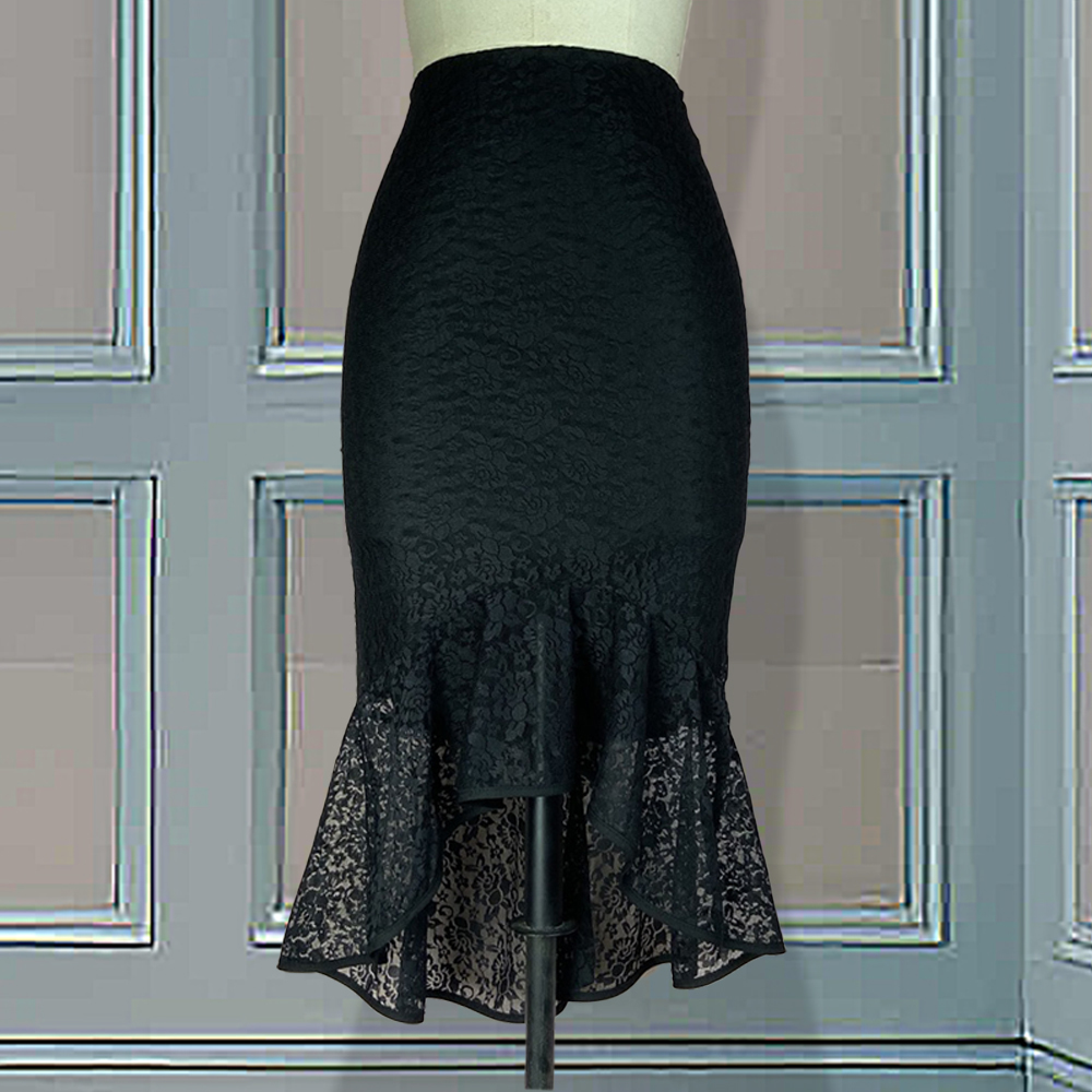 Sexy Black Lace Gothic Skirts Woman Empire Waist Elastic Retro Pencil Asymmetrical XXL XL Plus Size Jupe Women's Fashion 2021 210309
