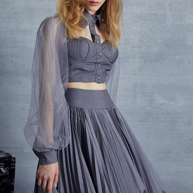 TWOTWINSTYLE Elegant Hollow Out Women Shirt Lapel Collar Lantern Long Sleeve Patchwork Mesh Short Blouse For Female Fashion Tide 210225