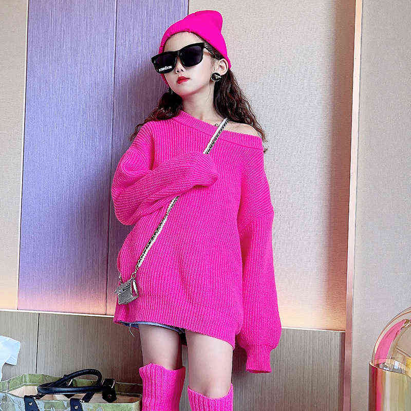 Girls Knitted Sweater Autumn Winter Coat for Candy Color Pullover Loose Fashion Kids Tops 12 13 14 Years Clothes 211104