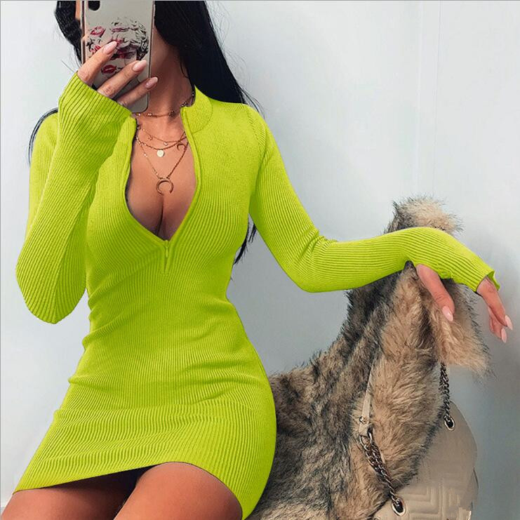 women winter fall bodycon ribbed dress new stand collar zipper deep vneck solid stretch bodycon pencil party mini vestido