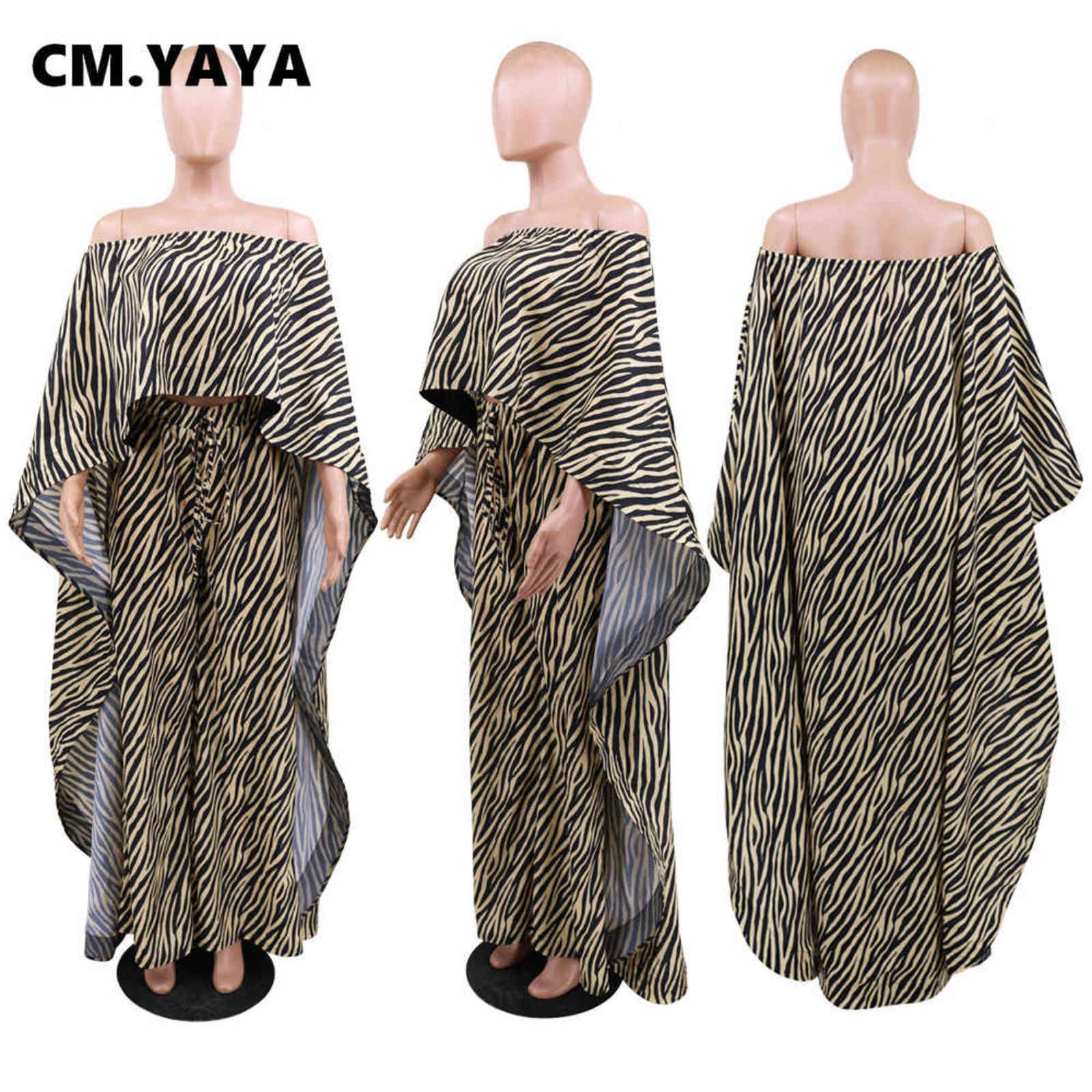 CM.YAYA Activewear Zebra Sweatsuit Women's Set Irregular Cape Cloak and Pants Suit Street Tracksuit Two Piece Fitness Outfit 211105