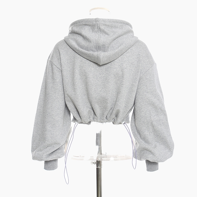 EAM Loose Fit Gray Hollow Out Drawstring Sweatshirt Hooded Long Sleeve Women Big Size Fashion Spring Autumn 1DD0023 201127
