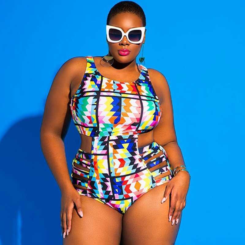 Plus Size Swimwear Bandage Cut Out Bathing Suit Women Swimsuit African Print Monokin Large Bodysuit Sexy 210611