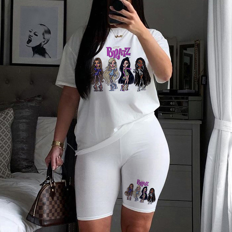 Spring Summer Jogging 2-Pieces Set Women Outfit Short Sleeve Sports Cute Bratz Print T-Shirts And Shorts Sets For Female 220304