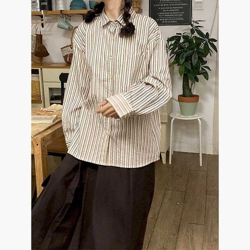 Vertical striped shirt blouse women retro all-match student long-sleeved loose Korean autumn men women's tops ins 210526