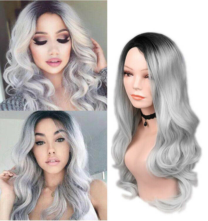 Women's Long Wavy Curly Ombre Black Root Silver Grey Cosplay Anime Wigs