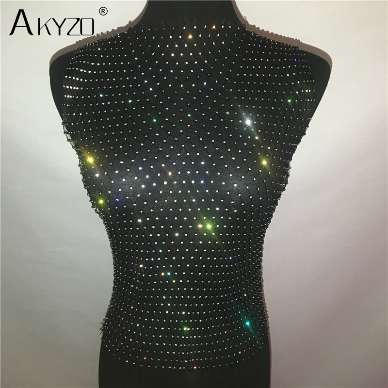 Women's Fishnet Rhinestone Crop Top Summer Sexy Mesh High Elastic Black White Shirt Net See Through Rave Diamond Tank Top 210308