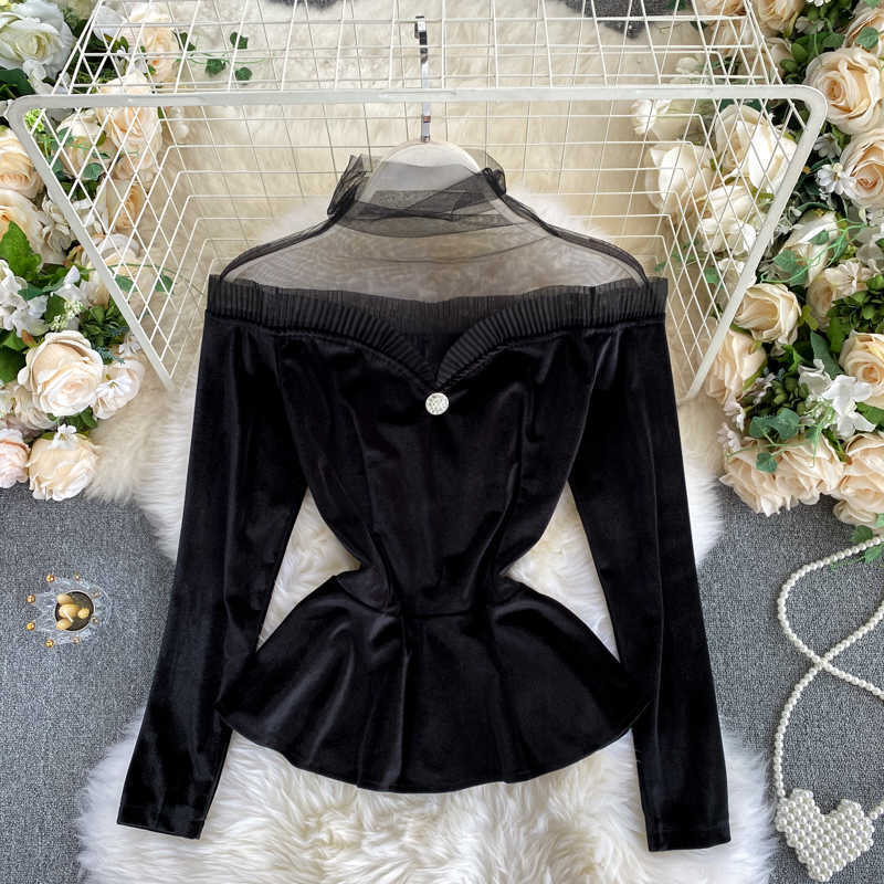 LY VAREY LIN Spring Autumn Women Mesh Patchwork Off Shoulder Black Party Blouse Ladies Tops Fashion Gothic Velvet Shirt 210526