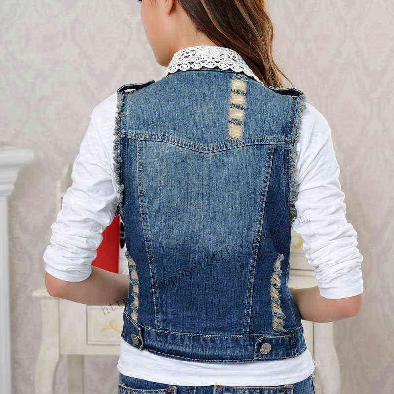 Korean Lace Turn-down Collar Women's Denim Vest Fashion Beaded Slim Jeans Waistcoat Female Plus Size Sleeveless Jacket Cardigan 211120
