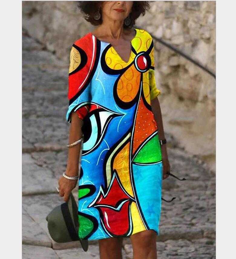 Women Printing Dress Summer V-Neck Half Sleeve A-Line es Female Retro litera Vintage Loose Vestidos 210623