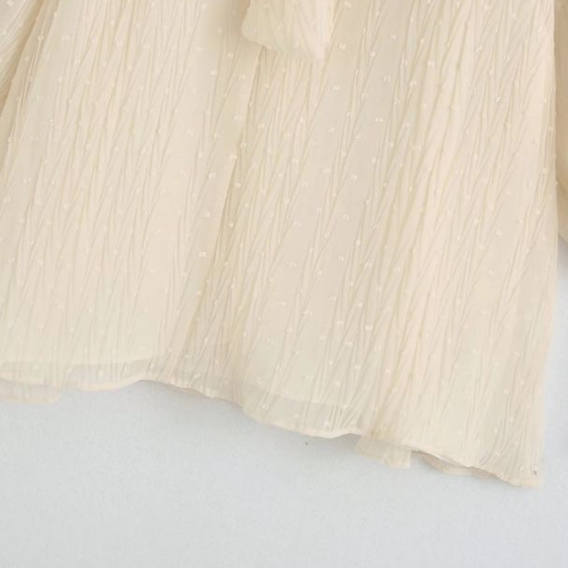 Woman Dot Flocking Chiffon Loose Shirt Femme Stand collar bow tie Blouse Casual Lady Lantern Sleeve Tops Smock Blusas S7962 210225