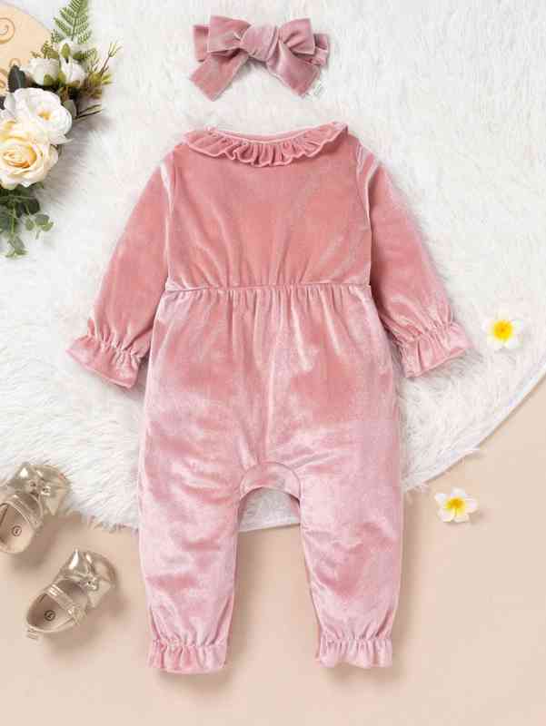Baby Ruffle Trim Velvet Jumpsuit & Headband SHE