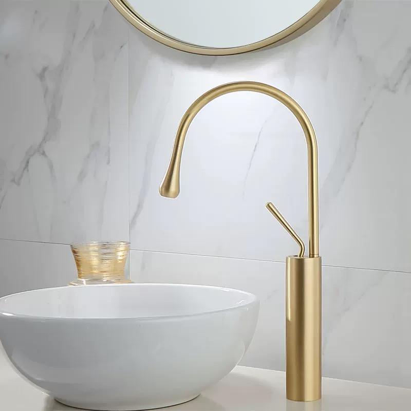 Bathroom Sink Faucets Basin Brass Black Tall Low Single Handle Drop Shape Faucet Large Curved Cold Mixer Taps