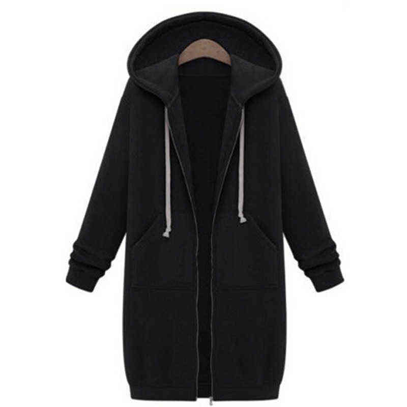 Autumn Casual Women Long Hoodies Sweatshirt Coat Zip Up Outerwears Hooded Jacket Winter Pockets Outwear Tops 211108