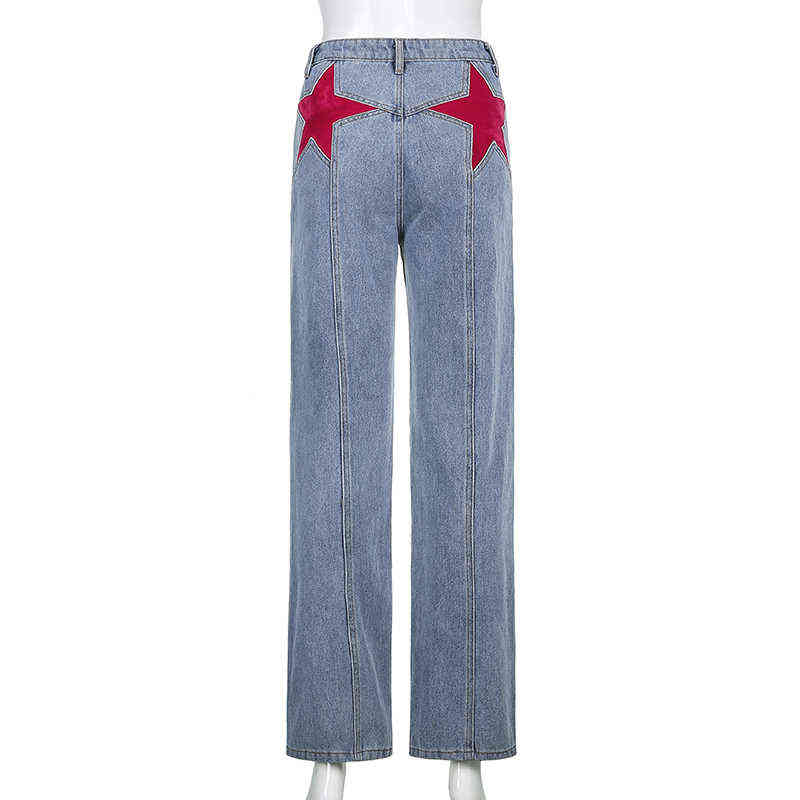 Star Pattern Blue Flare Jeans Female Retrp Denim Pants For Women Vintage Harajuku High Waist Full Length Trousers Capris 211112