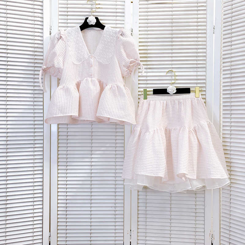 DEAT Women Lapel Puff Sleeve Shirt Ruffles Skirt Short Two Piece Set Fashion Temperament Spring Summer 11D1626 210709