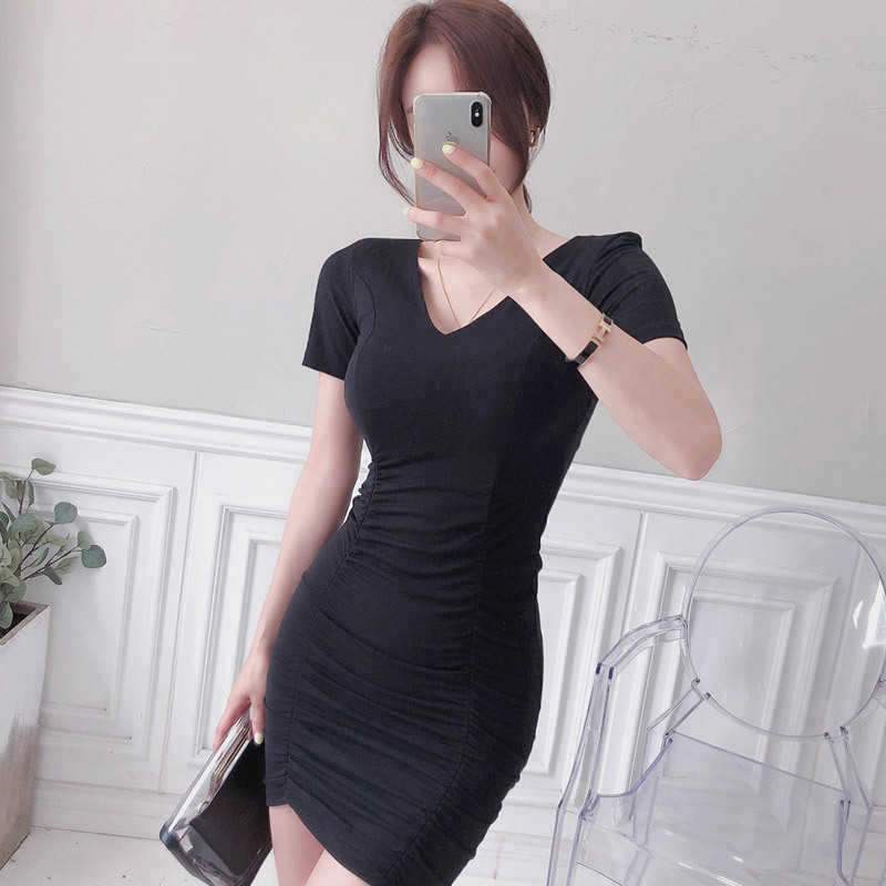 WOMENGAGA summer Korean elegant Sheath V-neck slim pleated fashion bag hip knitted T-shirt dress mini dresses pink Z6S4 210603