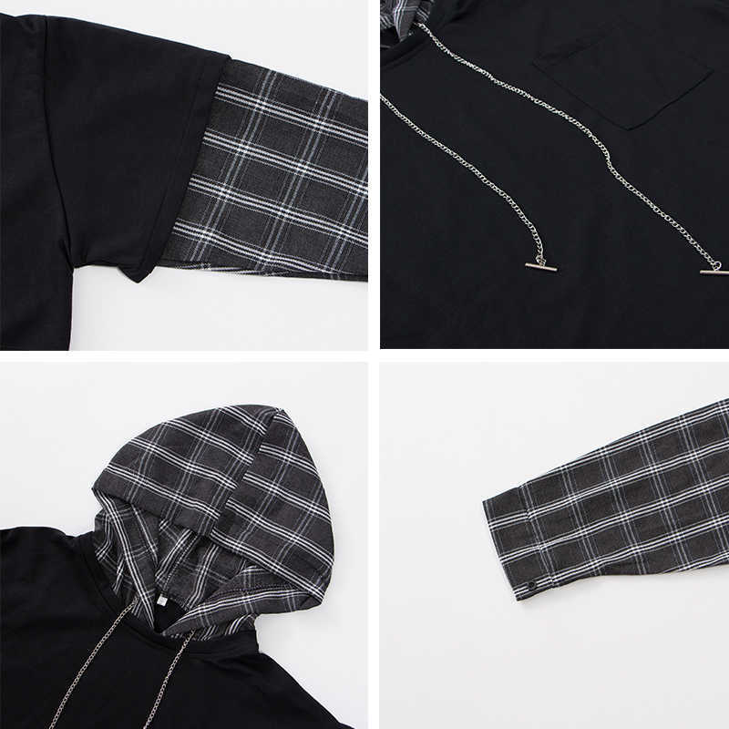 Deeptown Striped Sweatshirt for Women Black Gothic Style Hoodie Patchwork Grunge Long Sleeve Plaid Pullovers Korean Fashion 210910