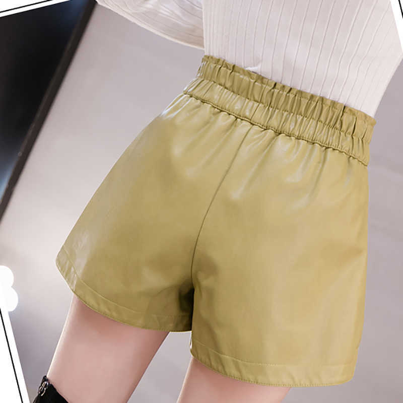 6 Solid Color Elastic Waist High Fall Pu Leather Shorts Women Wide Leg Biker Plus Size Femme Casual Ladies Pocket 210615Z