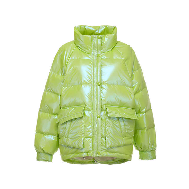 LY VAREY LIN Winter Sweet Glossy Cotton Coat Women Stand Collar Candy Big Pocket Long Sleeve Solid Loose Padded Jackets 210526