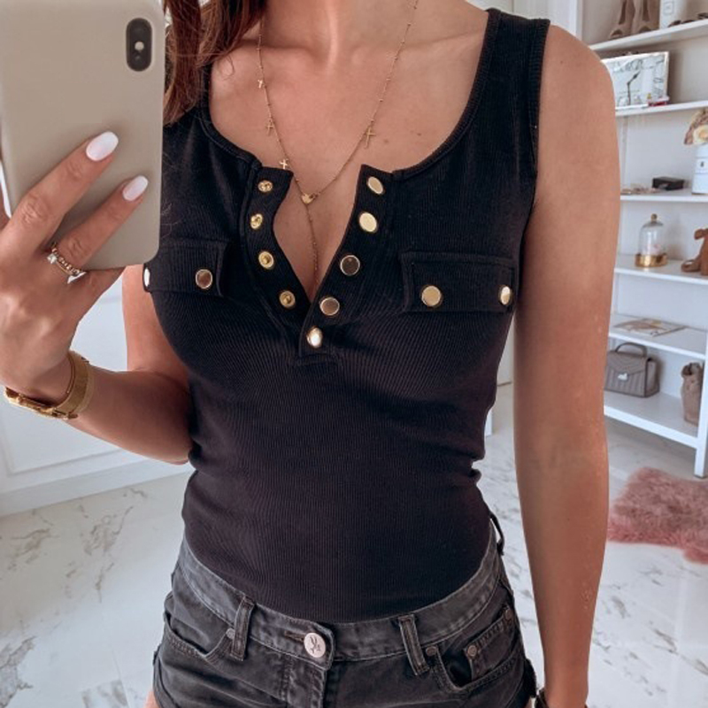 Summer Women's Tank Top Slim Fit Button Tops Solid Color Sexy Vest V-neck Casual Vest Sleeveless T Shirt Women Cotton Tank Tops 210308