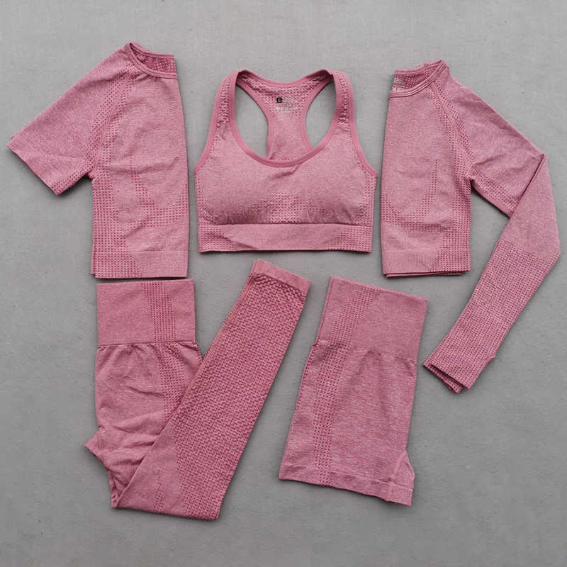 2/3/5Pcs Seamless Women Yoga Set Gym Clothing Fitness Leggings Cropped Shirts Sport Suit Long Sleeve Tracksuit Active Wear 210821